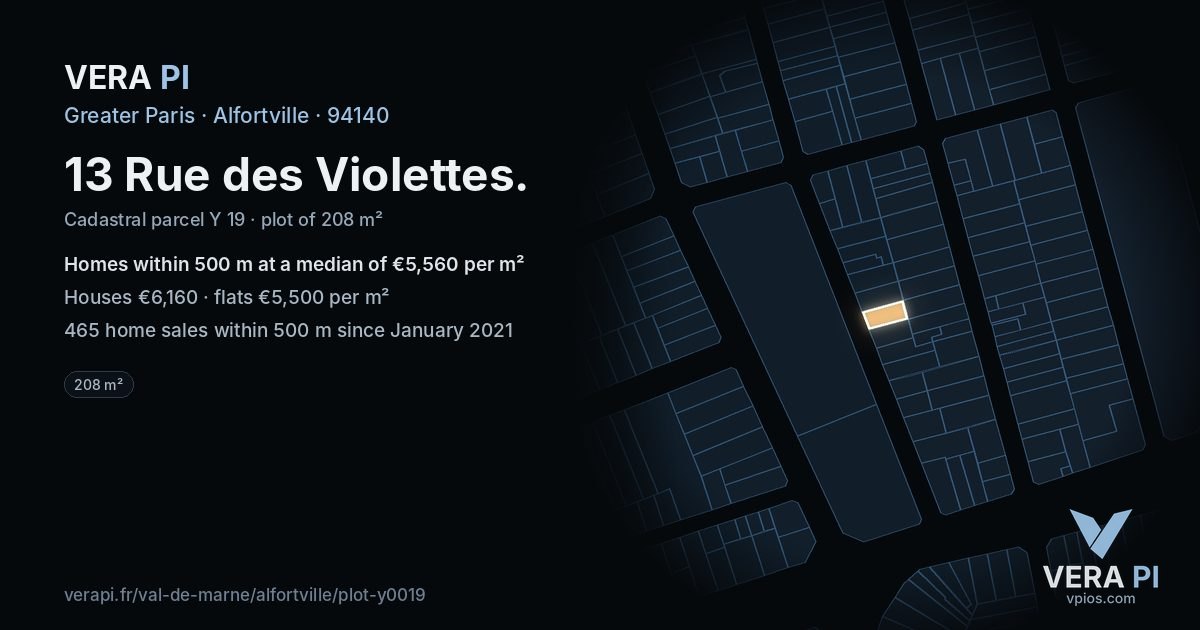 13 Rue des Violettes, Alfortville at night – the plot lit, the parcels around coloured by the prices near them