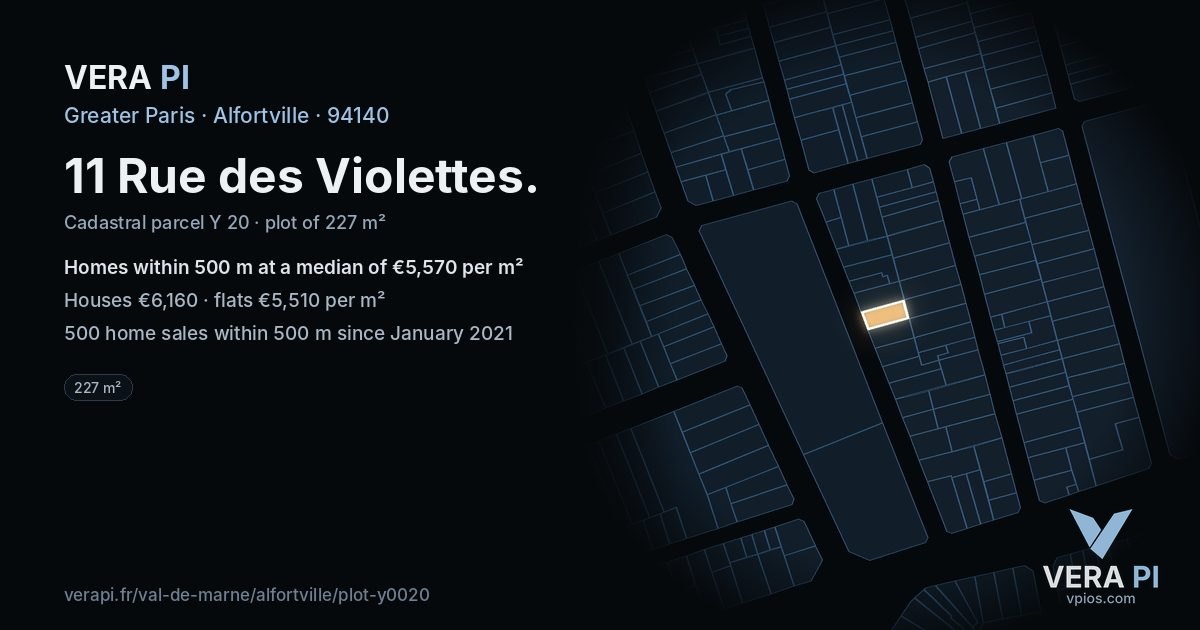 11 Rue des Violettes, Alfortville at night – the plot lit, the parcels around coloured by the prices near them