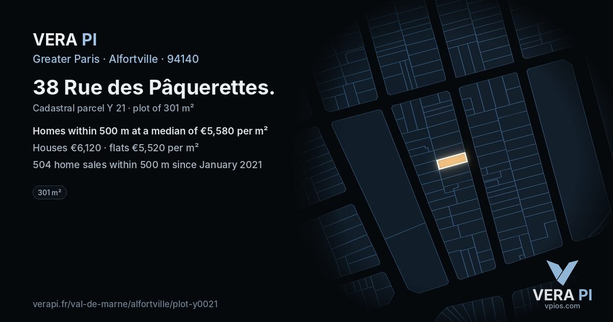 38 Rue des Pâquerettes, Alfortville at night – the plot lit, the parcels around coloured by the prices near them