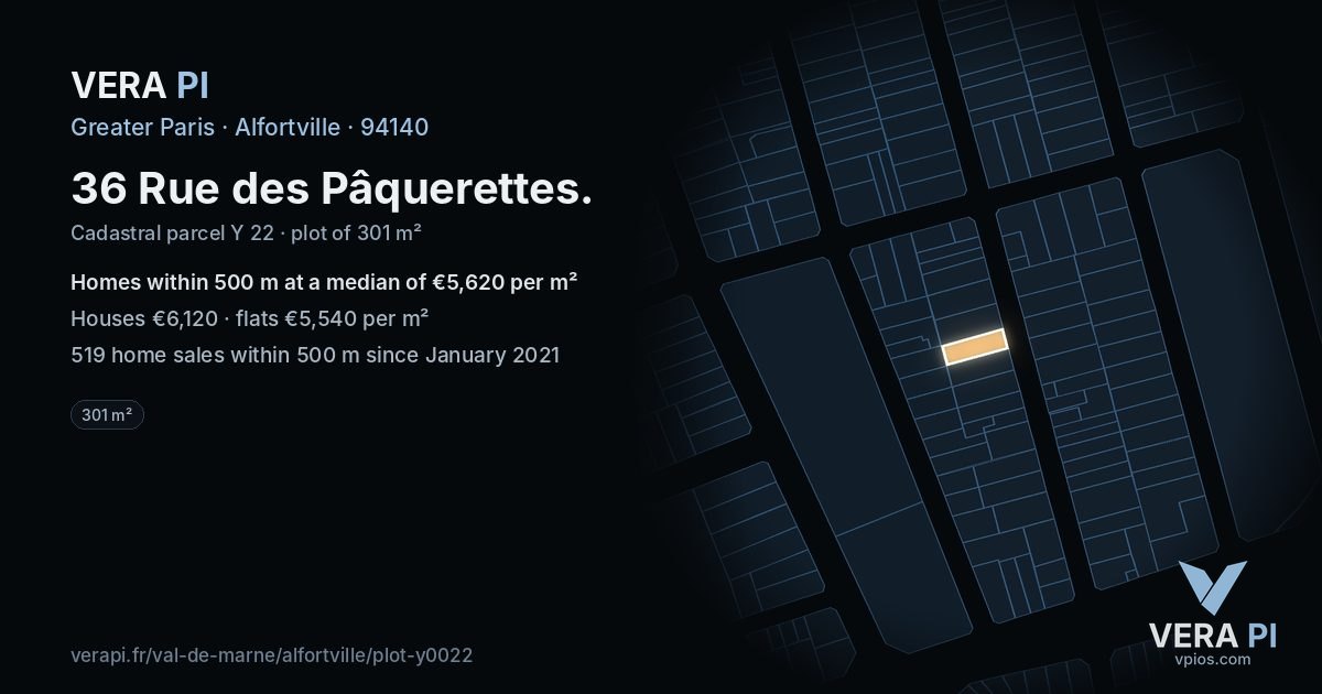 36 Rue des Pâquerettes, Alfortville at night – the plot lit, the parcels around coloured by the prices near them