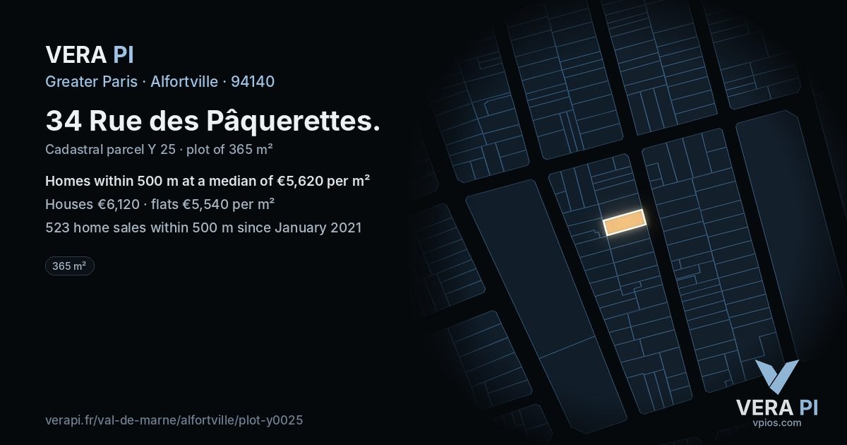 34 Rue des Pâquerettes, Alfortville at night – the plot lit, the parcels around coloured by the prices near them