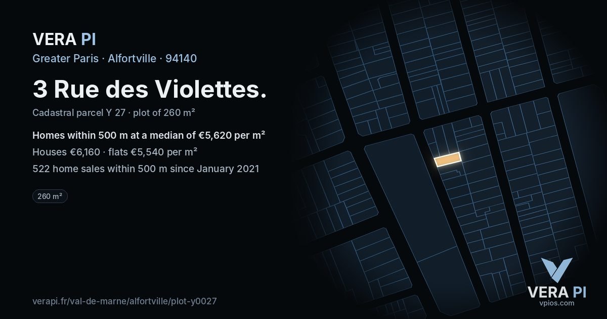 3 Rue des Violettes, Alfortville at night – the plot lit, the parcels around coloured by the prices near them