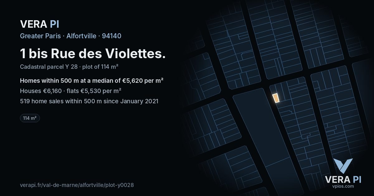 1 bis Rue des Violettes, Alfortville at night – the plot lit, the parcels around coloured by the prices near them