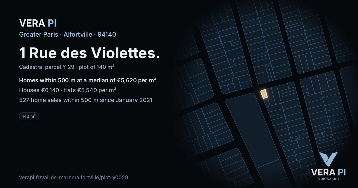 1 Rue des Violettes, Alfortville at night – the plot lit, the parcels around coloured by the prices near them