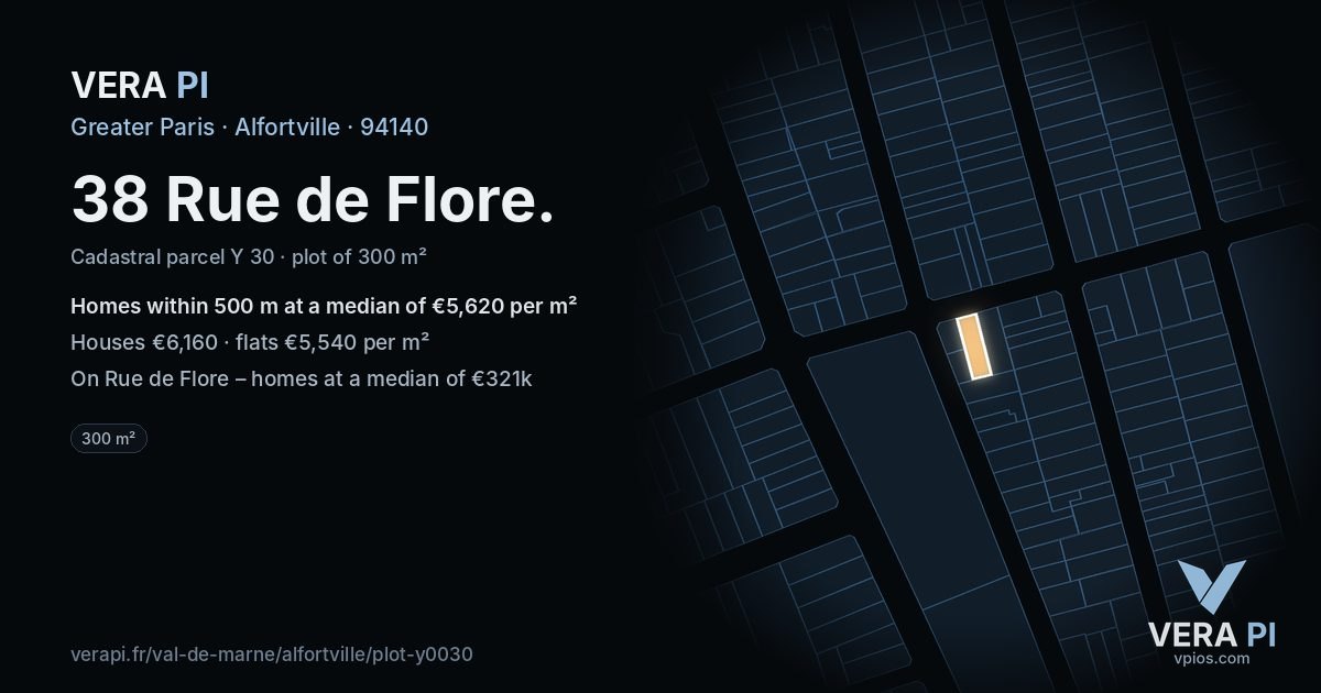 38 Rue de Flore, Alfortville at night – the plot lit, the parcels around coloured by the prices near them