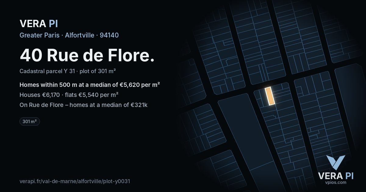 40 Rue de Flore, Alfortville at night – the plot lit, the parcels around coloured by the prices near them