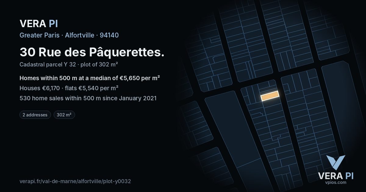 30 Rue des Pâquerettes, Alfortville at night – the plot lit, the parcels around coloured by the prices near them
