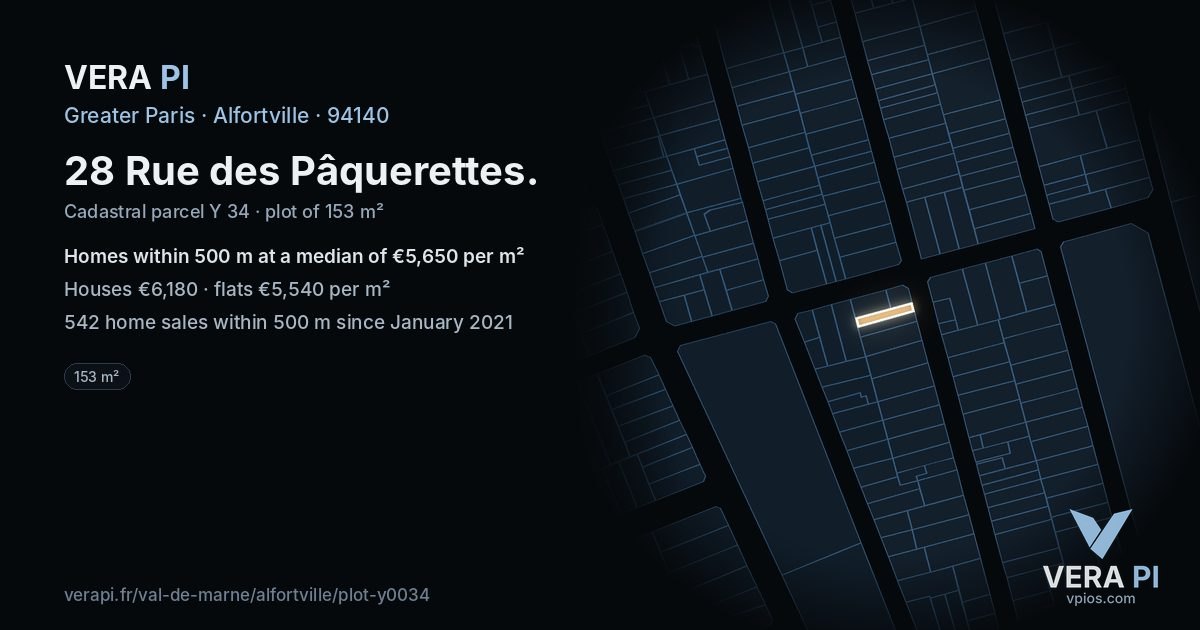 28 Rue des Pâquerettes, Alfortville at night – the plot lit, the parcels around coloured by the prices near them
