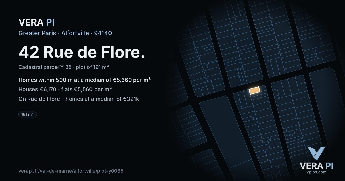 42 Rue de Flore, Alfortville at night – the plot lit, the parcels around coloured by the prices near them