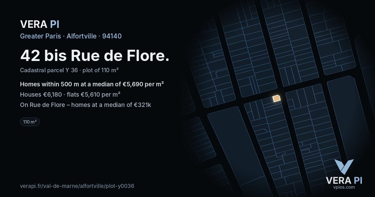 42 bis Rue de Flore, Alfortville at night – the plot lit, the parcels around coloured by the prices near them