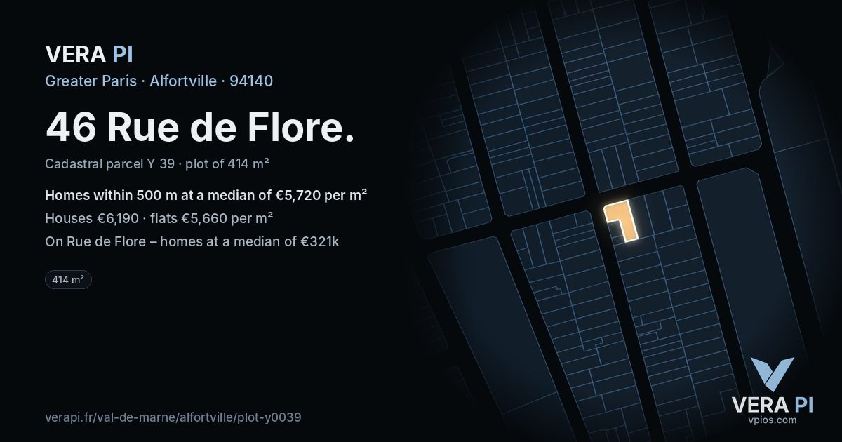 46 Rue de Flore, Alfortville at night – the plot lit, the parcels around coloured by the prices near them