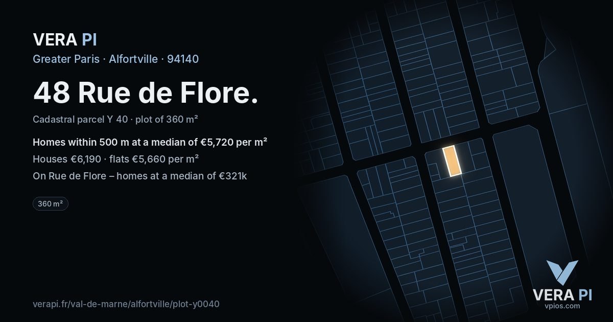 48 Rue de Flore, Alfortville at night – the plot lit, the parcels around coloured by the prices near them