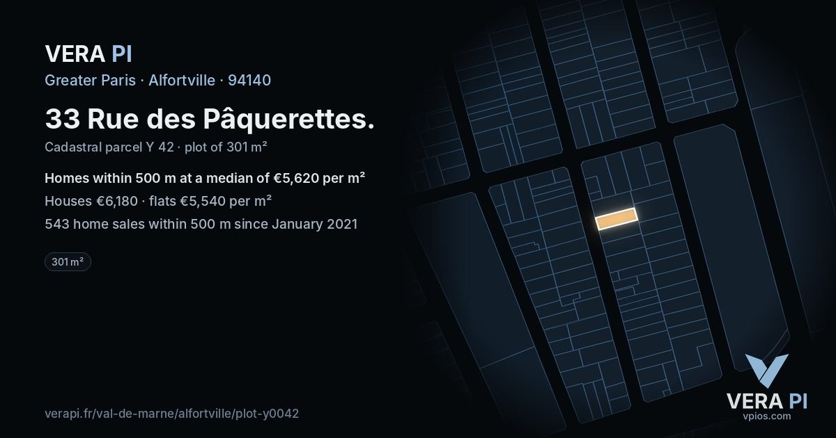 33 Rue des Pâquerettes, Alfortville at night – the plot lit, the parcels around coloured by the prices near them