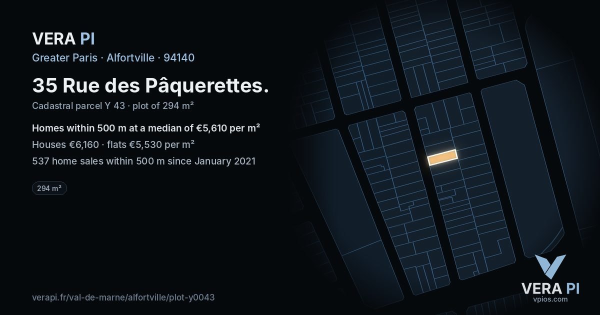 35 Rue des Pâquerettes, Alfortville at night – the plot lit, the parcels around coloured by the prices near them