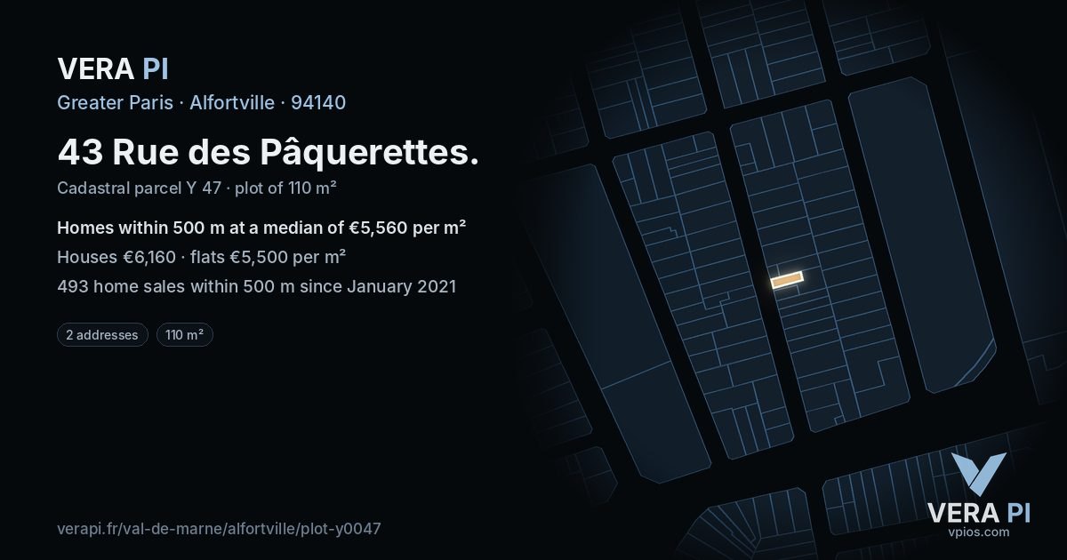 43 Rue des Pâquerettes, Alfortville at night – the plot lit, the parcels around coloured by the prices near them