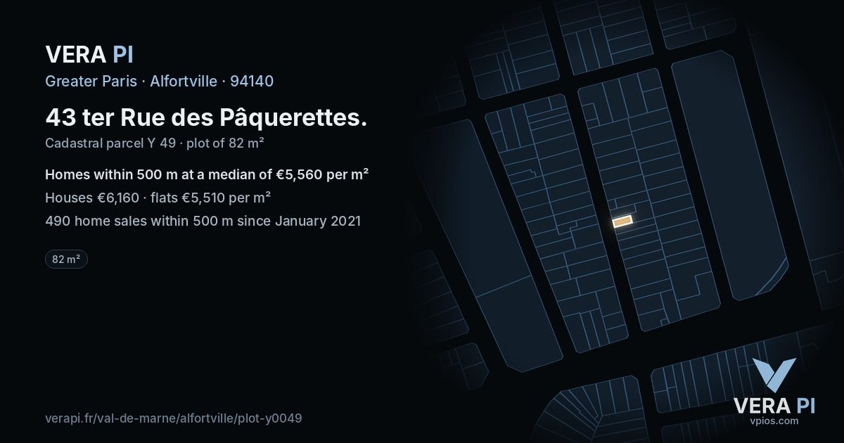43 ter Rue des Pâquerettes, Alfortville at night – the plot lit, the parcels around coloured by the prices near them