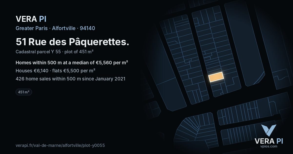 51 Rue des Pâquerettes, Alfortville at night – the plot lit, the parcels around coloured by the prices near them