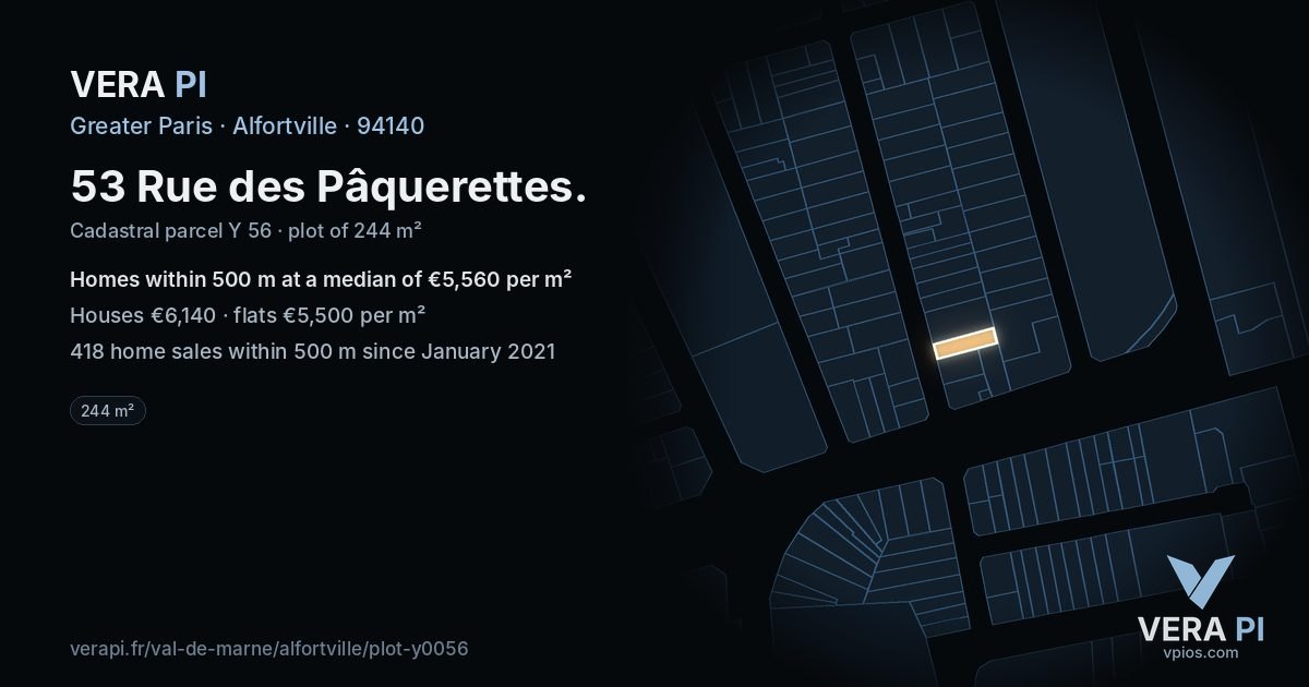 53 Rue des Pâquerettes, Alfortville at night – the plot lit, the parcels around coloured by the prices near them