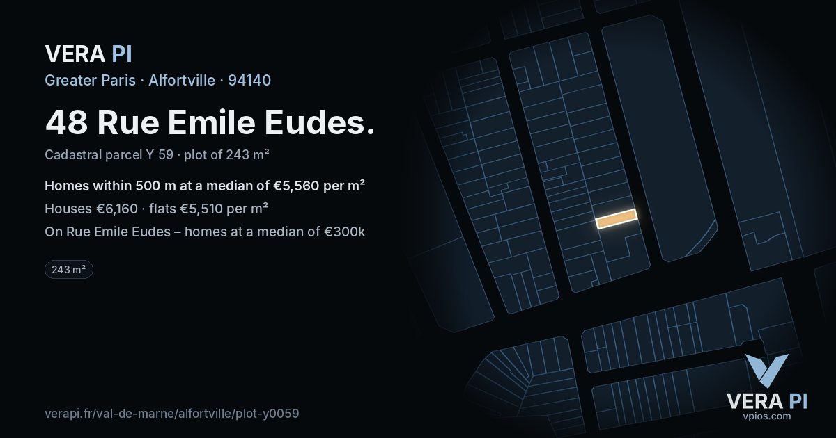 48 Rue Emile Eudes, Alfortville at night – the plot lit, the parcels around coloured by the prices near them