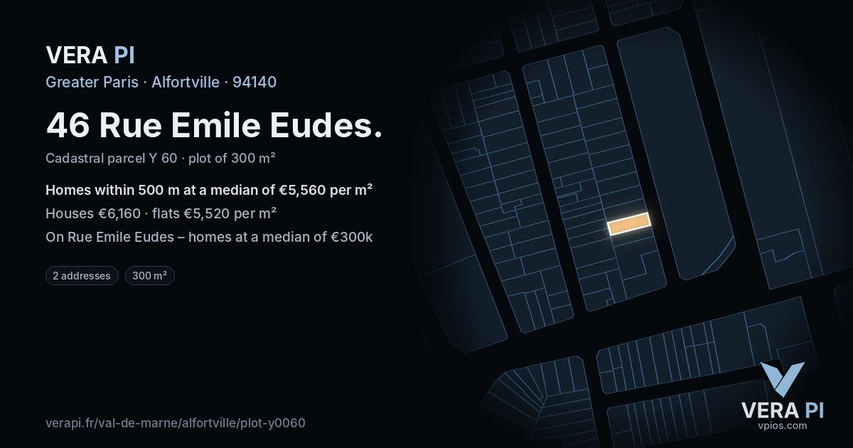 46 Rue Emile Eudes, Alfortville at night – the plot lit, the parcels around coloured by the prices near them