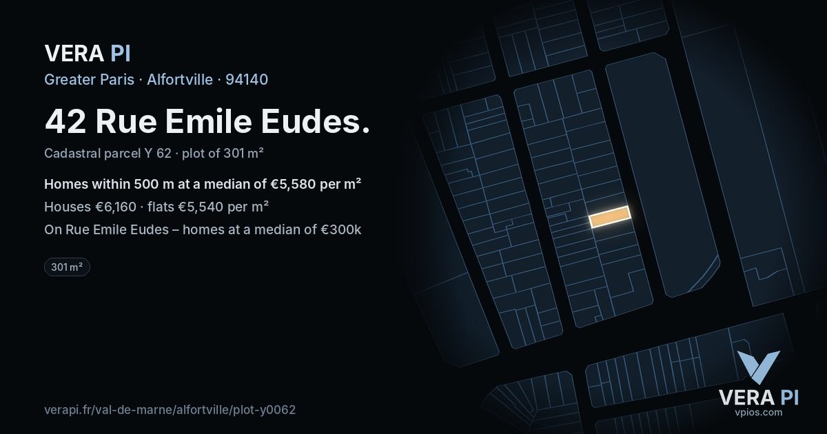 42 Rue Emile Eudes, Alfortville at night – the plot lit, the parcels around coloured by the prices near them