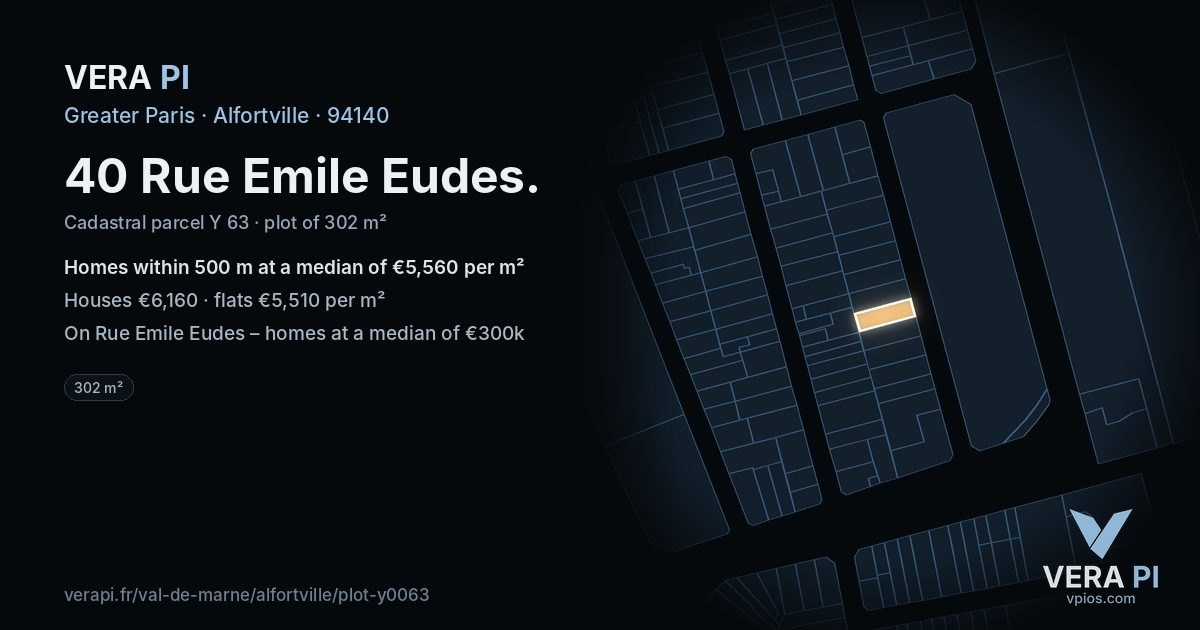 40 Rue Emile Eudes, Alfortville at night – the plot lit, the parcels around coloured by the prices near them