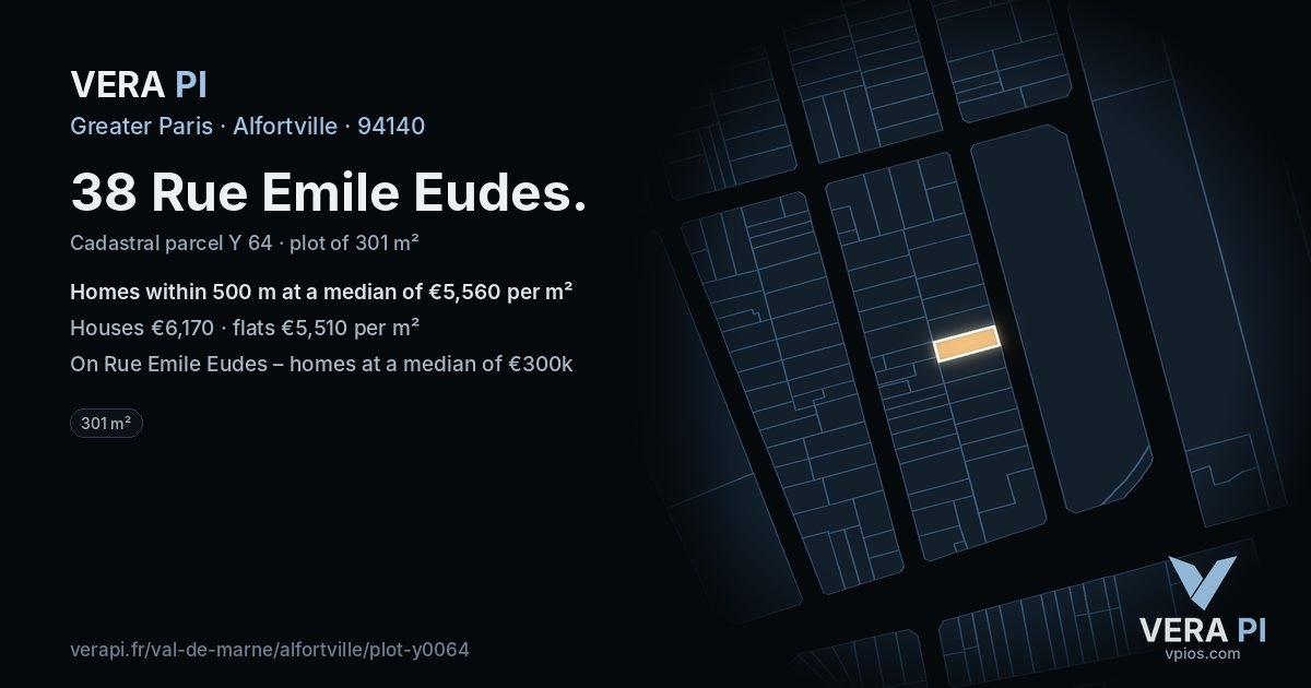 38 Rue Emile Eudes, Alfortville at night – the plot lit, the parcels around coloured by the prices near them