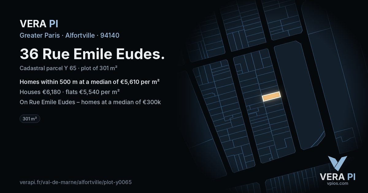 36 Rue Emile Eudes, Alfortville at night – the plot lit, the parcels around coloured by the prices near them