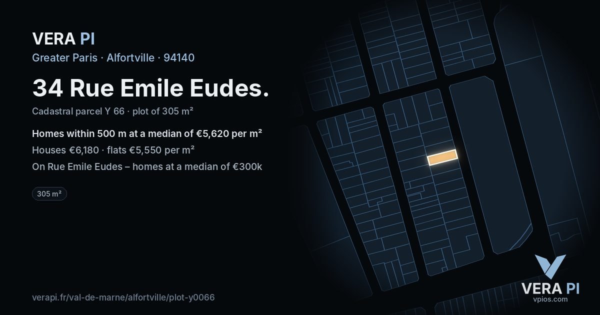 34 Rue Emile Eudes, Alfortville at night – the plot lit, the parcels around coloured by the prices near them