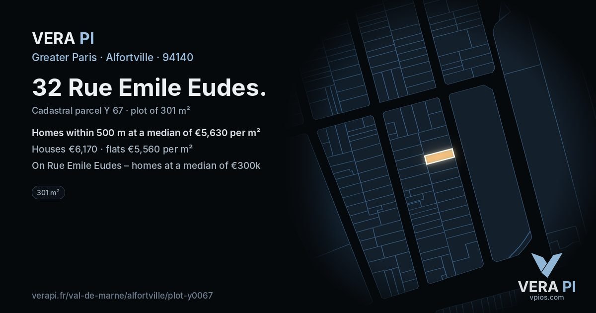32 Rue Emile Eudes, Alfortville at night – the plot lit, the parcels around coloured by the prices near them