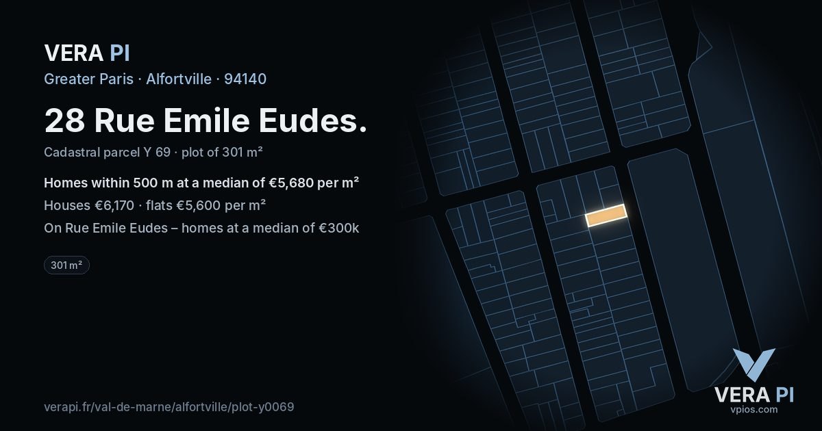 28 Rue Emile Eudes, Alfortville at night – the plot lit, the parcels around coloured by the prices near them