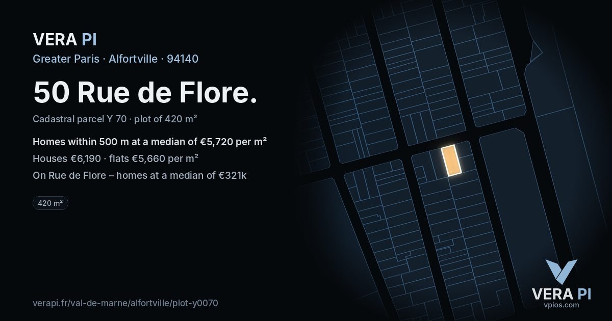 50 Rue de Flore, Alfortville at night – the plot lit, the parcels around coloured by the prices near them