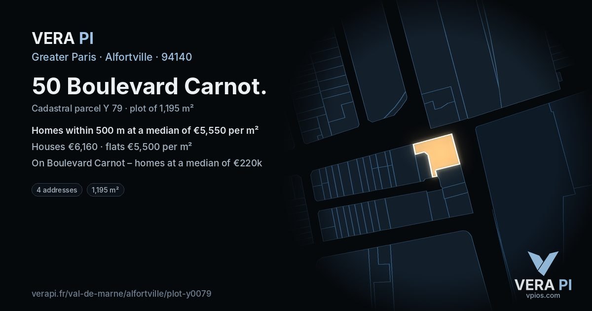 50 Boulevard Carnot, Alfortville at night – the plot lit, the parcels around coloured by the prices near them