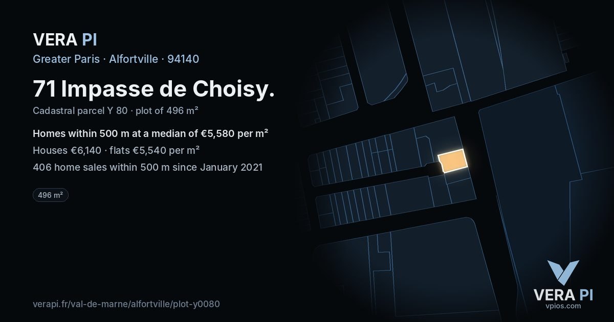 71 Impasse de Choisy, Alfortville at night – the plot lit, the parcels around coloured by the prices near them