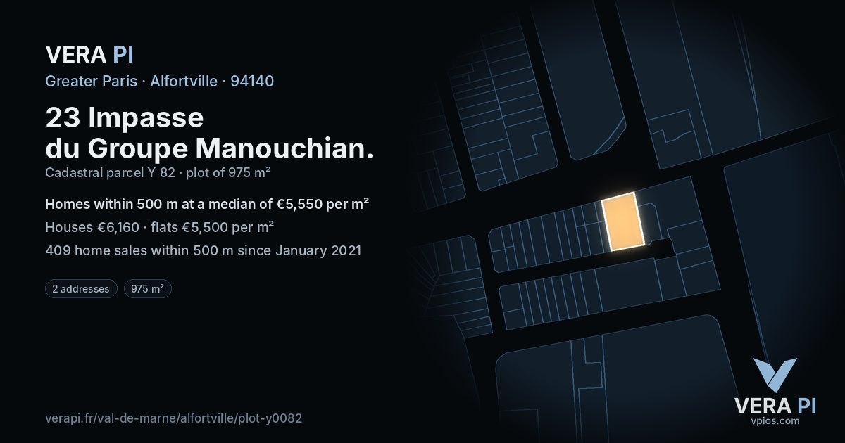 23 Impasse du Groupe Manouchian, Alfortville at night – the plot lit, the parcels around coloured by the prices near them