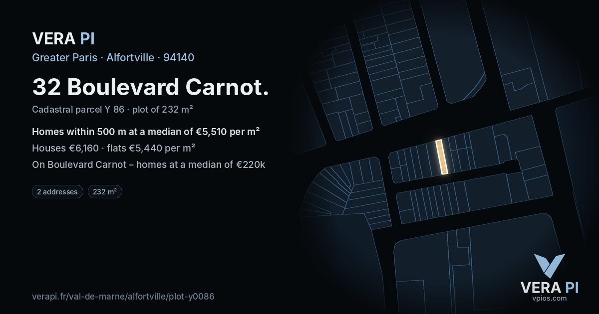 32 Boulevard Carnot, Alfortville at night – the plot lit, the parcels around coloured by the prices near them