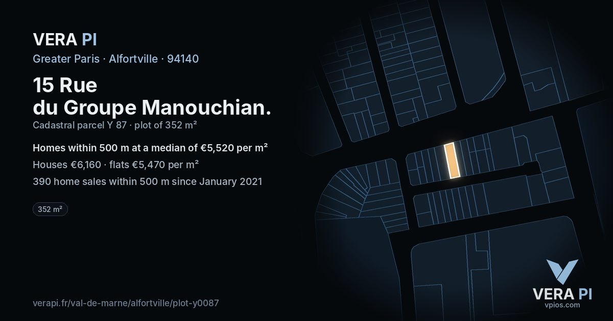 15 Rue du Groupe Manouchian, Alfortville at night – the plot lit, the parcels around coloured by the prices near them