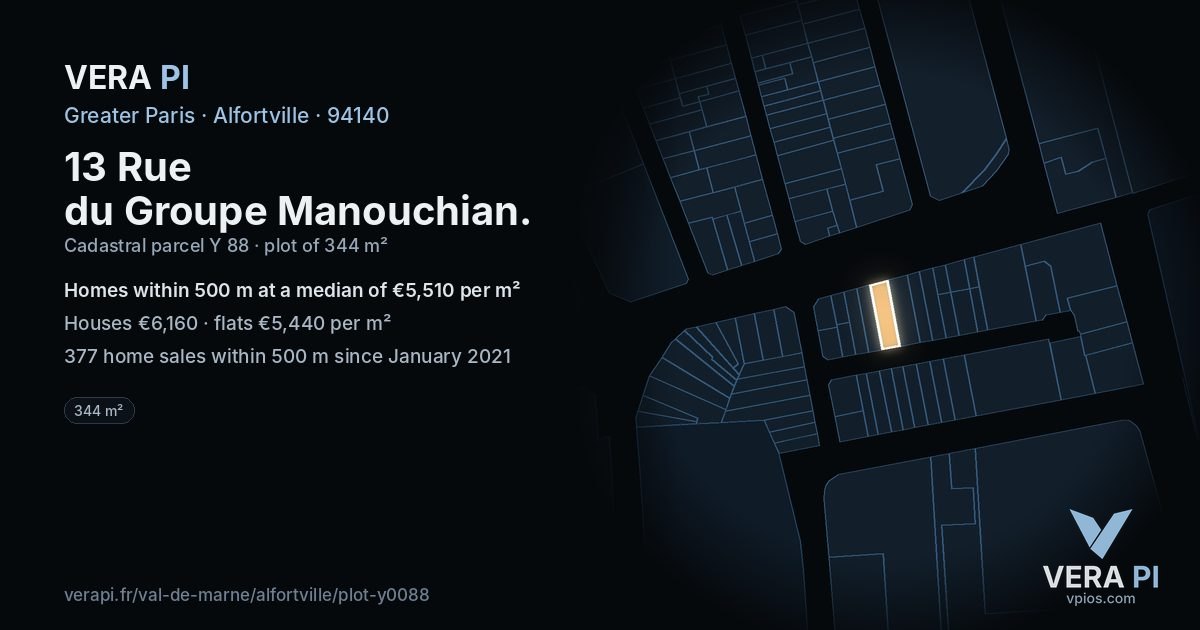 13 Rue du Groupe Manouchian, Alfortville at night – the plot lit, the parcels around coloured by the prices near them