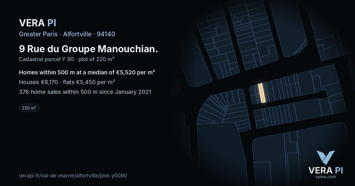 9 Rue du Groupe Manouchian, Alfortville at night – the plot lit, the parcels around coloured by the prices near them