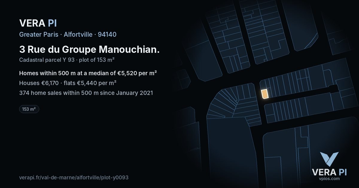 3 Rue du Groupe Manouchian, Alfortville at night – the plot lit, the parcels around coloured by the prices near them