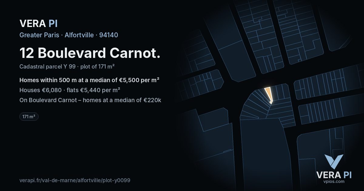 12 Boulevard Carnot, Alfortville at night – the plot lit, the parcels around coloured by the prices near them