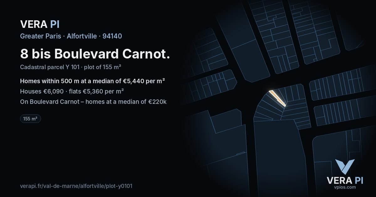 8 bis Boulevard Carnot, Alfortville at night – the plot lit, the parcels around coloured by the prices near them