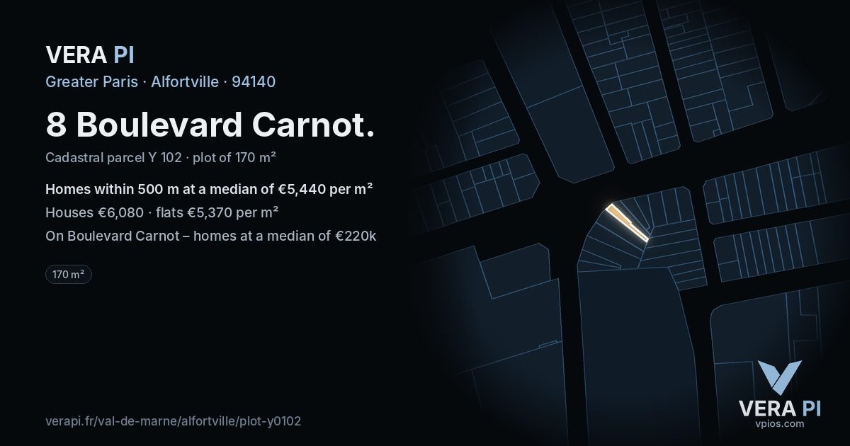 8 Boulevard Carnot, Alfortville at night – the plot lit, the parcels around coloured by the prices near them