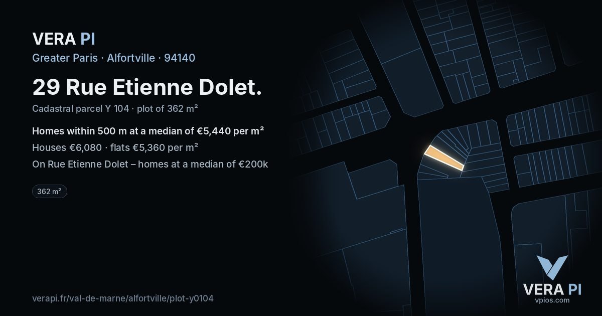 29 Rue Etienne Dolet, Alfortville at night – the plot lit, the parcels around coloured by the prices near them