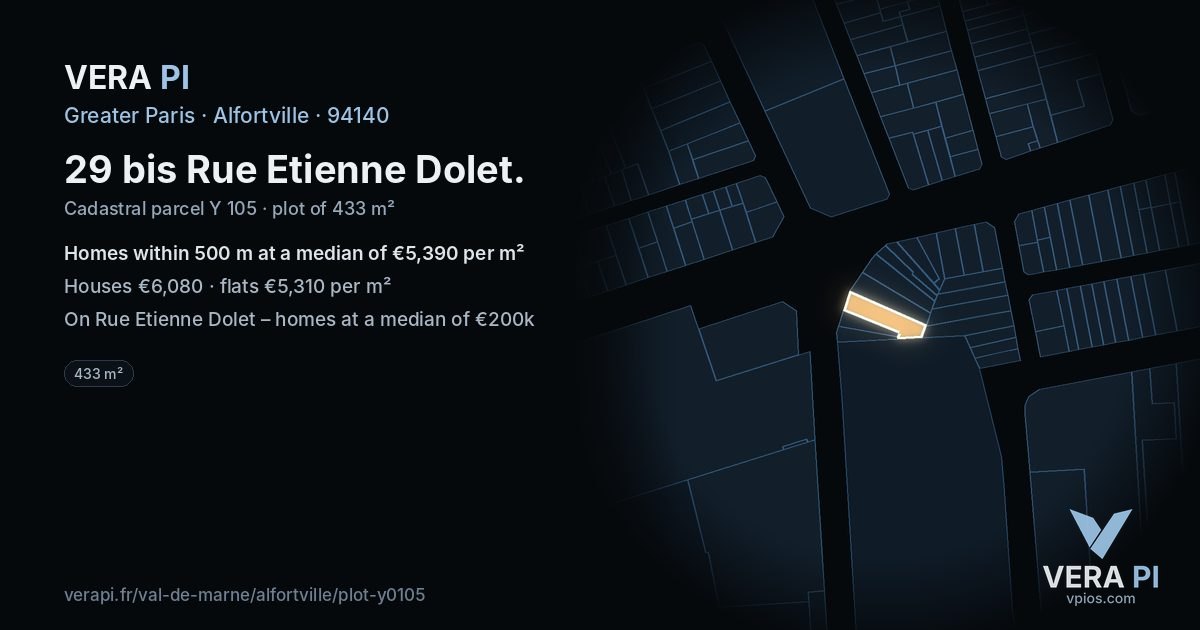 29 bis Rue Etienne Dolet, Alfortville at night – the plot lit, the parcels around coloured by the prices near them