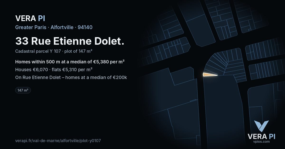 33 Rue Etienne Dolet, Alfortville at night – the plot lit, the parcels around coloured by the prices near them