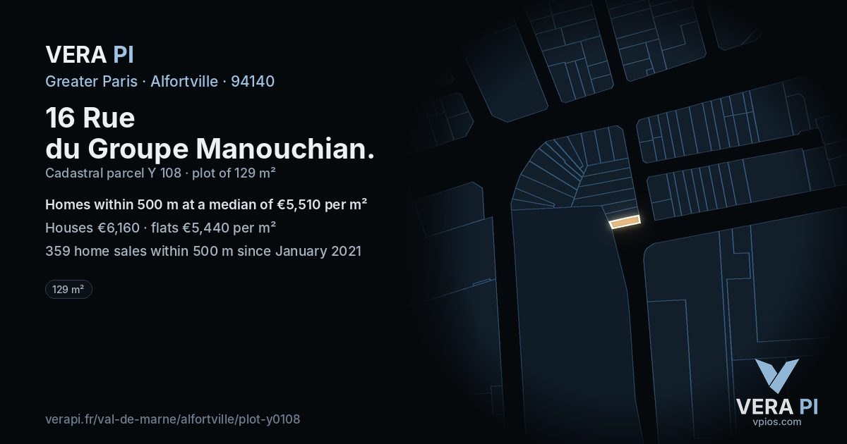 16 Rue du Groupe Manouchian, Alfortville at night – the plot lit, the parcels around coloured by the prices near them