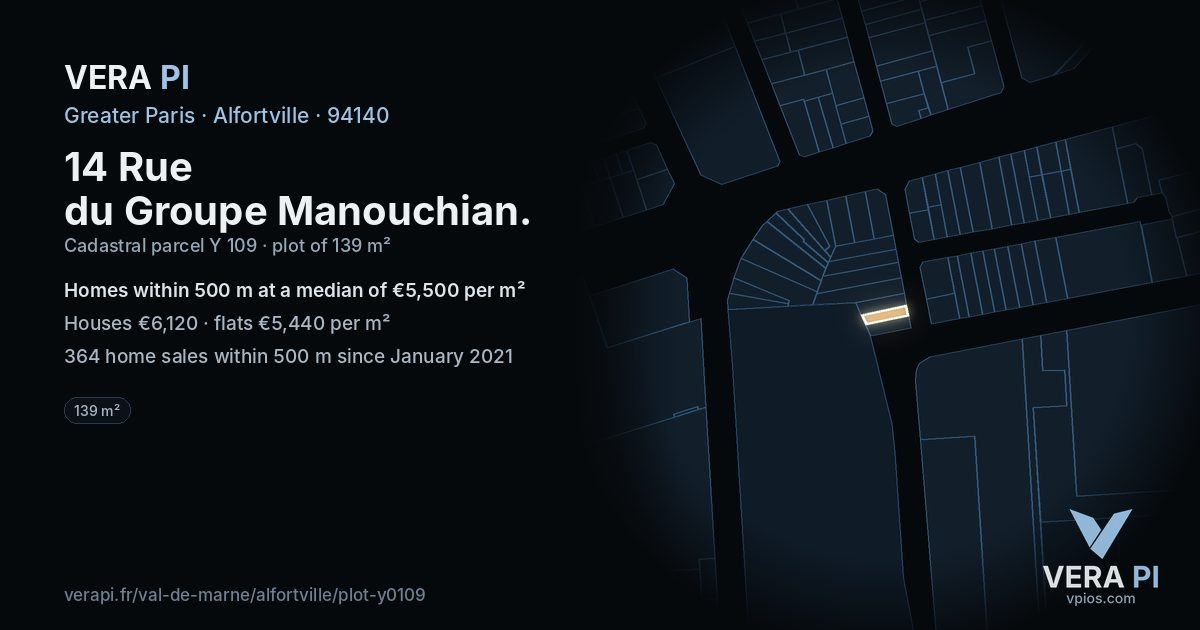 14 Rue du Groupe Manouchian, Alfortville at night – the plot lit, the parcels around coloured by the prices near them