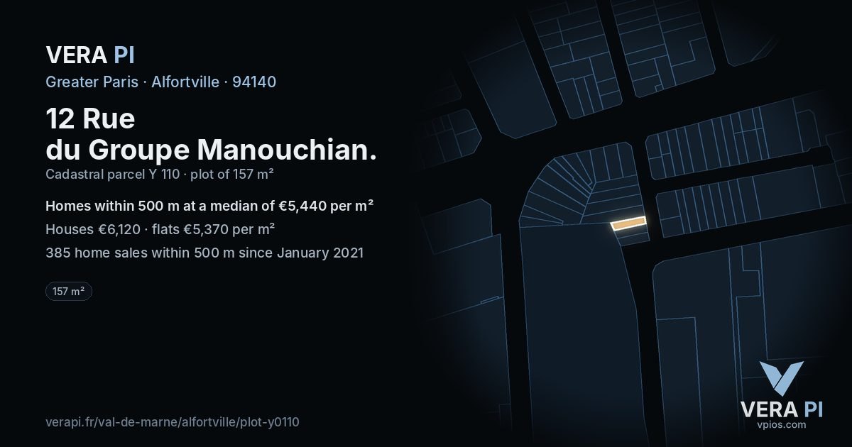12 Rue du Groupe Manouchian, Alfortville at night – the plot lit, the parcels around coloured by the prices near them