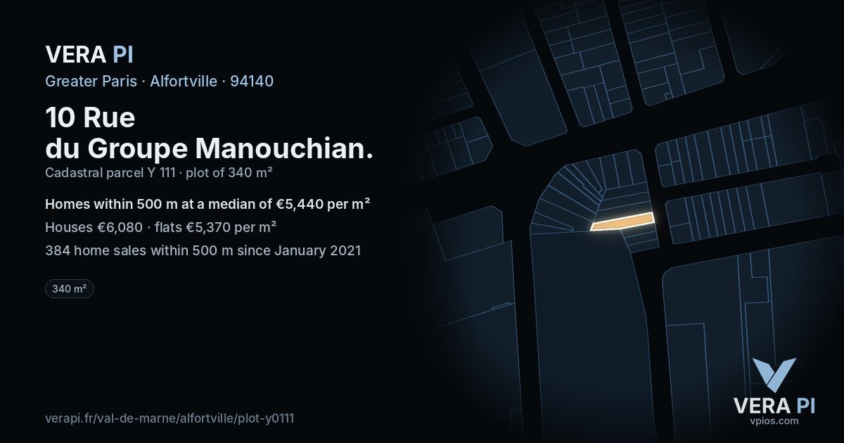10 Rue du Groupe Manouchian, Alfortville at night – the plot lit, the parcels around coloured by the prices near them